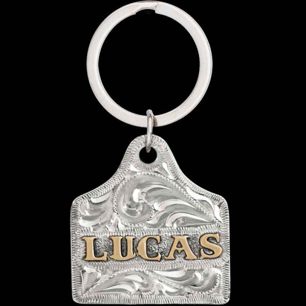 "Dogs need bling too! Our Max Custom Dog Tag is a simple, yet versatile design. This Dog Tag is crafted on a hand-engraved, German Silver base with a natural finish. The Jeweler's Bronze letters can be customized with any name or number. 

Size: 1.
